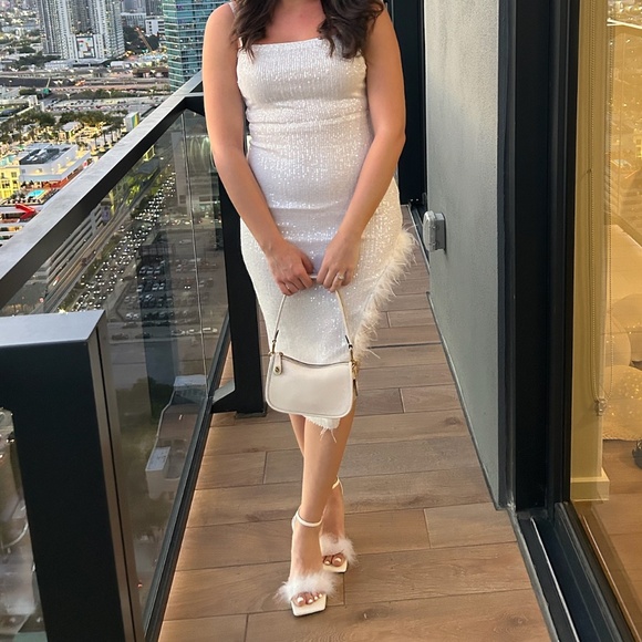Sparkling Diva White Sequin Feather Bodycon Midi Dress - Picture 5 of 5